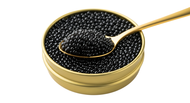 Golden spoon scooping black caviar from a round tin, isolated on white or transparent background, PNG