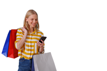 Woman smiling holding shopping bags and using mobile phone for online purchasing during retail sale, transparent background