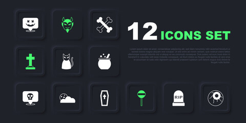 Set Tombstone with RIP written, Eye, Black cat, Lollipop, cross, Moon and stars, Devil head and Coffin christian icon. Vector