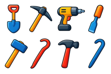 Set of tools including hammers, drills, and shovels