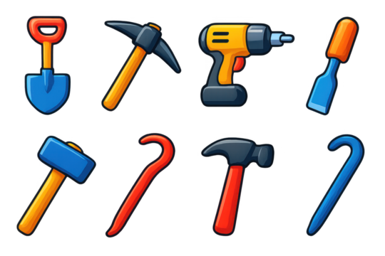 Set of tools including hammers, drills, and shovels