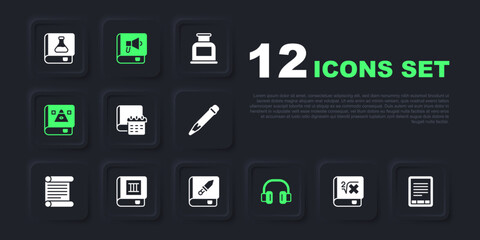 Set Book with mathematics, E-Book reader, Daily paper notepad, Headphones, Ancient magic book, and about weapon icon. Vector