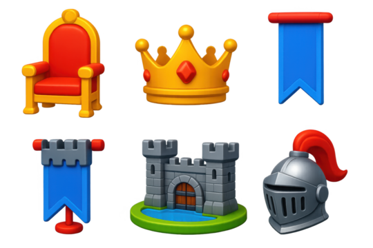 Set of six different items, including a castle, a throne, a crown