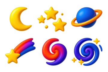 Variety of space-themed objects, including a blue and yellow planet, a red