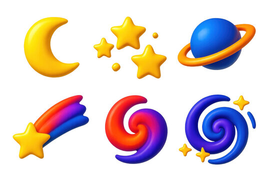 Variety of space-themed objects, including a blue and yellow planet, a red - Powered by Adobe