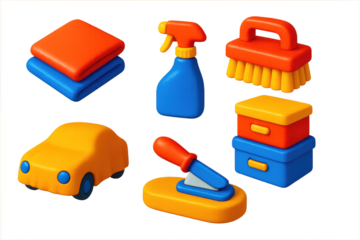 Vivid Cleaning Icons. 3D icon set of maintenance and cleaning: cloths, brushes, water spray, storage boxes, protective covers,