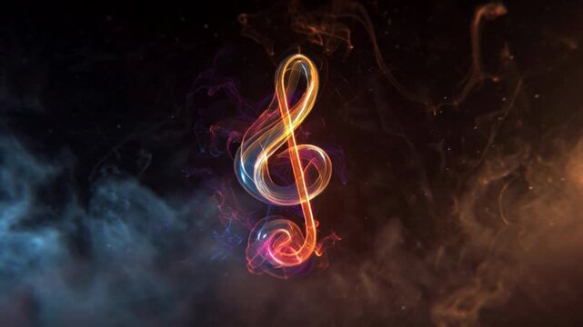 Mesmerizing musical note emerges from smoke and light, flowing with vibrant energy, perfect for music industry promos, concert visuals, and dynamic audio advertisements