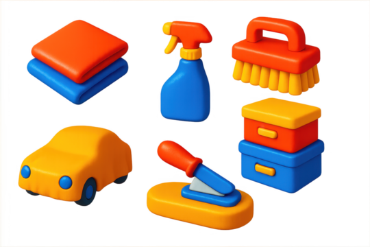 Vivid Cleaning Icons. 3D icon set of maintenance and cleaning: cloths, brushes, water spray, storage boxes, protective covers,
