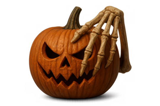 Scary jack-o'-lantern pumpkin featuring a skeletal hand for halloween, creating an eerie ambiance for festive decorations