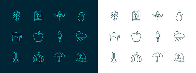 Set line Pear, Pumpkin, Opium poppy, Umbrella, Apple, Leaf, and Calendar with autumn leaves icon. Vector