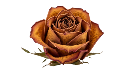 Close up of a dried orange and brown rose with intricate petal details, isolated on white or transparent background, PNG