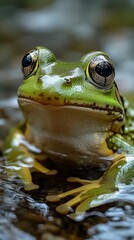 Green frog in water close-up