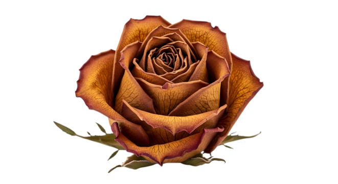 Close up of a dried orange and brown rose with intricate petal details, isolated on white or transparent background, PNG