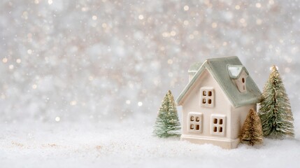 Fototapeta premium White house with a green roof sits in the snow