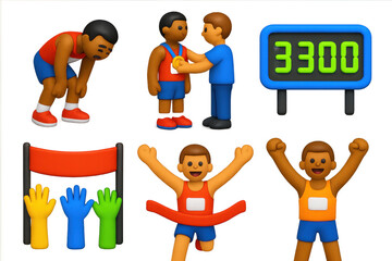 Marathon Victory Icons. 3D icon set of marathon finish moments: exhausted runner, medal presentation, digital timer display,