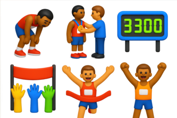 Marathon Victory Icons. 3D icon set of marathon finish moments: exhausted runner, medal presentation, digital timer display,