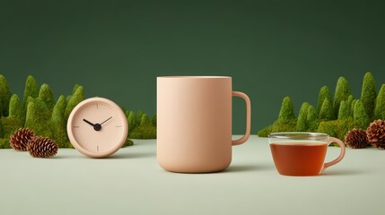 Tea Time Still Life: Mug, Clock, Pine Cones, Cozy Scene