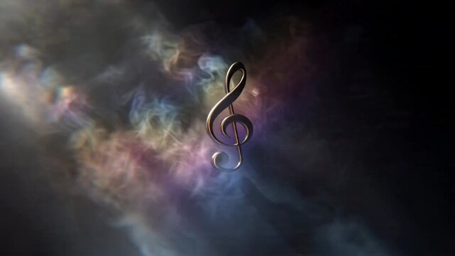 Golden treble clef floating in ethereal smoke and light, symbolizing music, art, and inspiration, with a dreamlike quality perfect for creative projects and artistic expressions