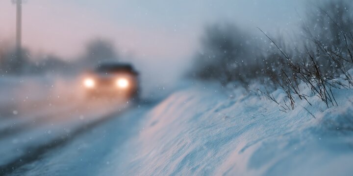Blurry car is driving down a snowy road