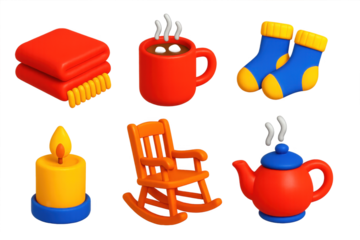 Winter Warmth Icons. 3D icon set of winter warmth: wool blanket, hot cocoa mug, knitted socks, candle, rocking chair, steaming