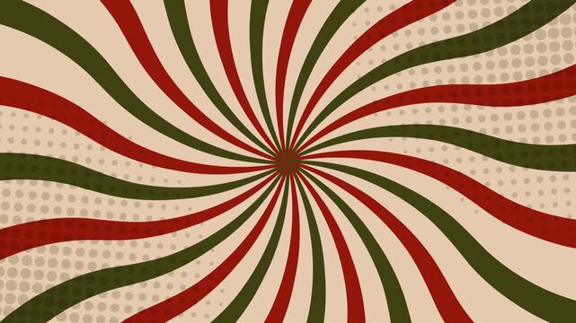 Animated Christmas peppermint candy swirl background in red, green, and cream colors. Festive rotating spiral design for holiday greetings, New Year projects, packaging, seasonal digital decorations