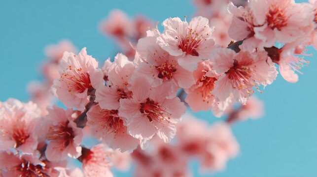 Branch of pink flowers is in the air