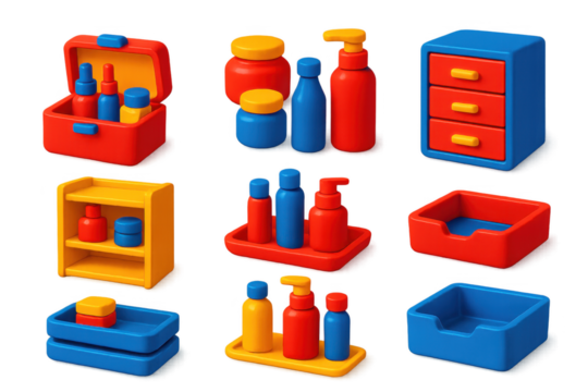 Vibrant 3D Storage Icons. 3D icon set of storage and organization: cosmetic boxes, jars, bottles, drawers, racks, trays. A set of