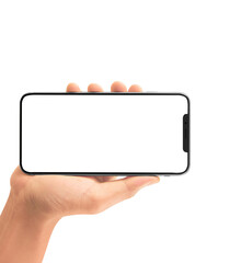 Close-up of hand holding modern smartphone with blank screen isolated on white background. High...