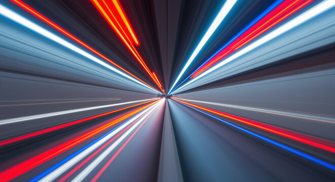 Abstract motion blur of light trails in a tunnel representing speed and technology.