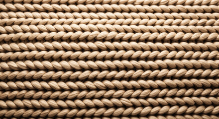 Cozy beige knitted wool texture, close-up of a chunky woven fabric pattern for a background.