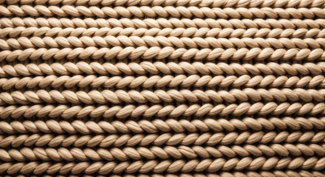 Cozy beige knitted wool texture, close-up of a chunky woven fabric pattern for a background.