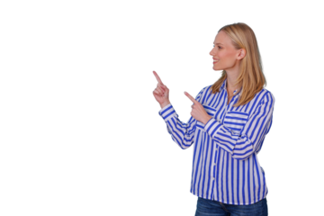 Blonde woman pointing fingers, smiling brightly, indicating empty space, showing direction, transparent background