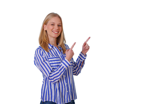 Woman smiling and pointing up and to the right, showing direction and presenting information on transparent background - Powered by Adobe