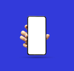 Close-up of hand holding modern smartphone with blank screen isolated on white background. High...