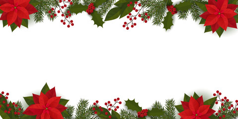 Festive frame with spruce branches, poinsettia, berries and leaves.