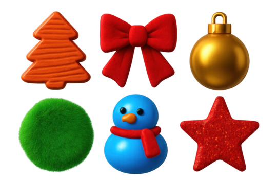 Collection of Christmas decorations including a tree, a star, a snowman, a bow