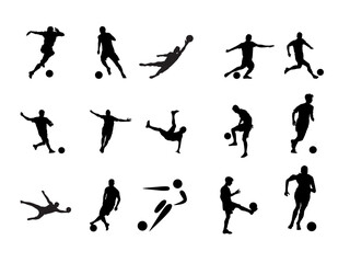 Collection of dynamic soccer player silhouettes in various action poses isolated on transparent background