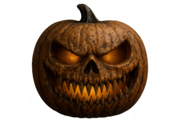 Scary halloween jack-o-lantern glowing with evil orange light, creating spooky atmosphere for autumn holiday celebration