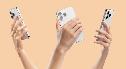 Group of modern mobile phones with blank white screens in hands on white background,different...