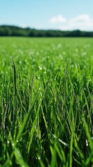 Green grass with dew drops close up