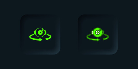 Green 360 degree view icon isolated on black background. Virtual reality. Angle 360 degree camera. Panorama photo. Black square button. Vector