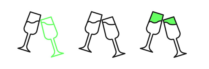 Set line Glass of champagne icon isolated on white background. Merry Christmas and Happy New Year. Vector