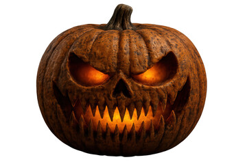 Fototapeta premium Scary carved halloween pumpkin jack-o'-lantern with glowing evil eyes and sharp teeth on transparent background