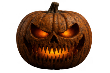 Scary carved halloween pumpkin jack-o'-lantern with glowing evil eyes and sharp teeth on transparent background