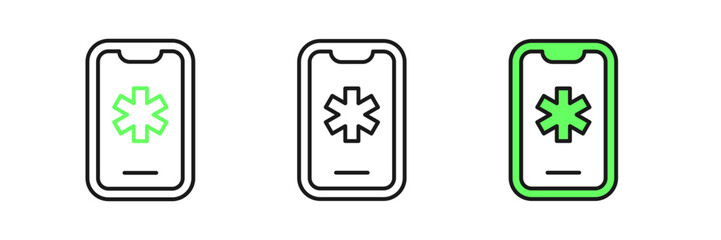 Obraz premium Set line Telephone with emergency call 911 icon isolated on white background. Police, ambulance, fire department, call, phone. Vector