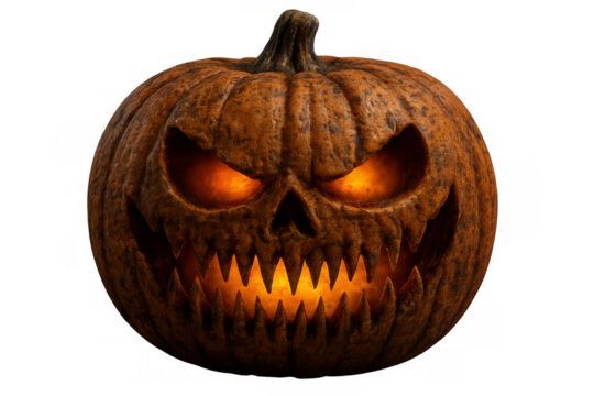 Scary carved halloween pumpkin jack-o'-lantern with glowing evil eyes and sharp teeth on transparent background