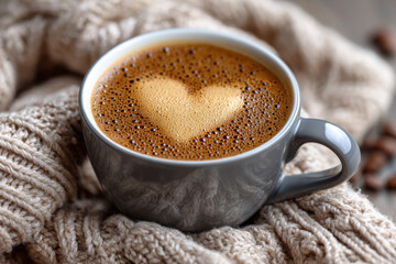 Cozy Grey Mug with Heart Shaped Coffee on Knitted Blanket