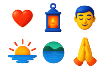 Collection of icons including a heart, a candle, a sun, a mountain, a lake