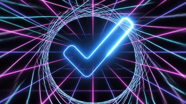 Glowing Neon Check Mark Symbol in Futuristic Digital Tunnel.
