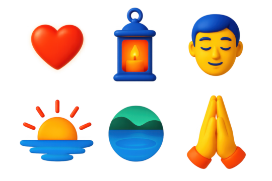 Collection of icons including a heart, a candle, a sun, a mountain, a lake